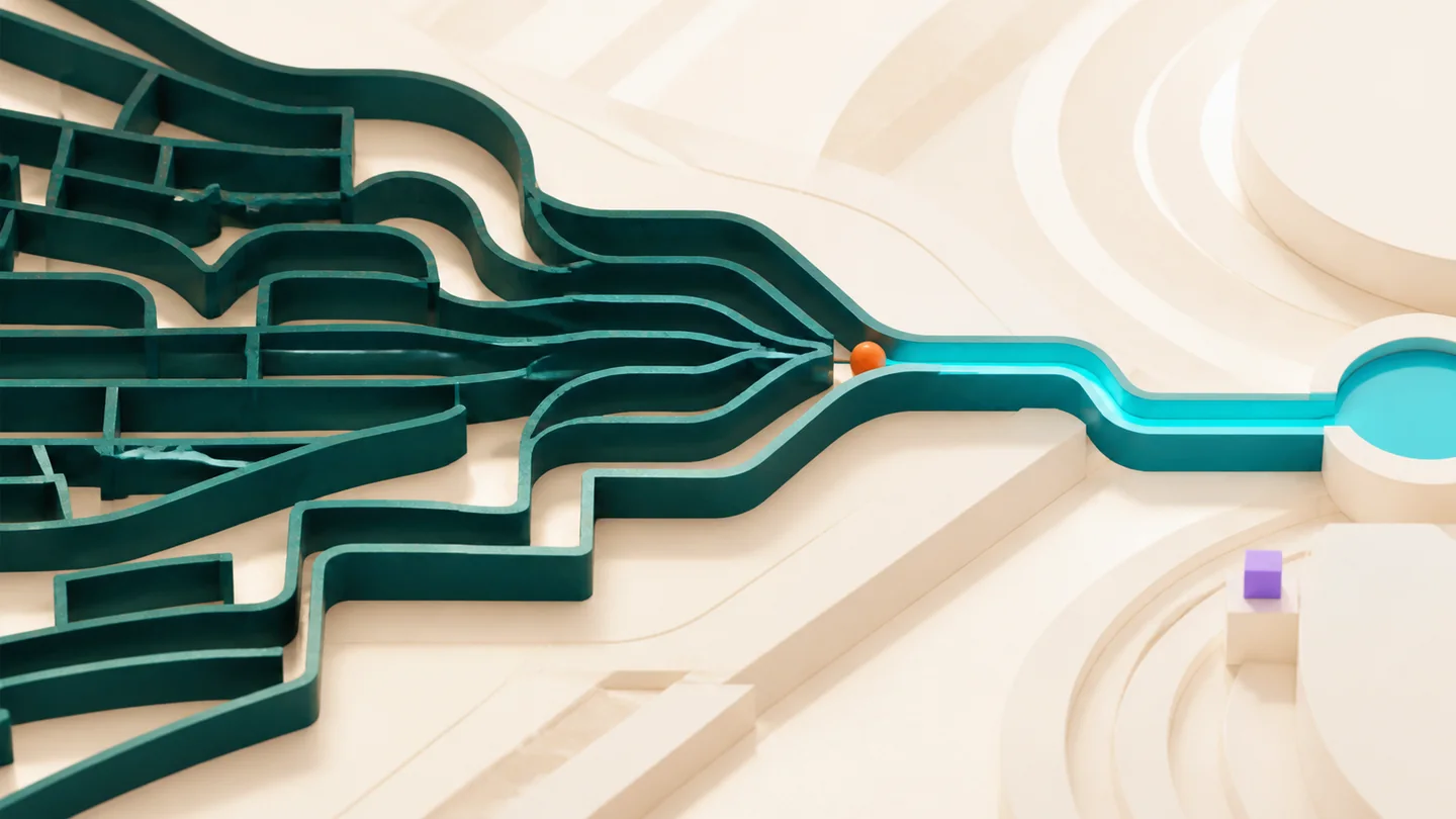 Complex pathways resolving into one clear route, representing a focused business use for AI